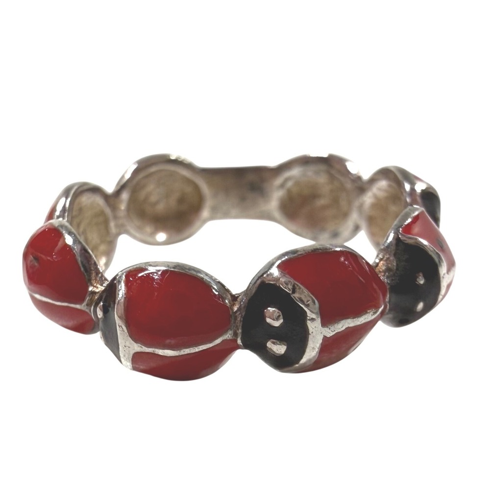 DELIAS Y2K 2000s Teen LADYBUG Red Black Enamel Band Ring Silver Tone Sz 5.25